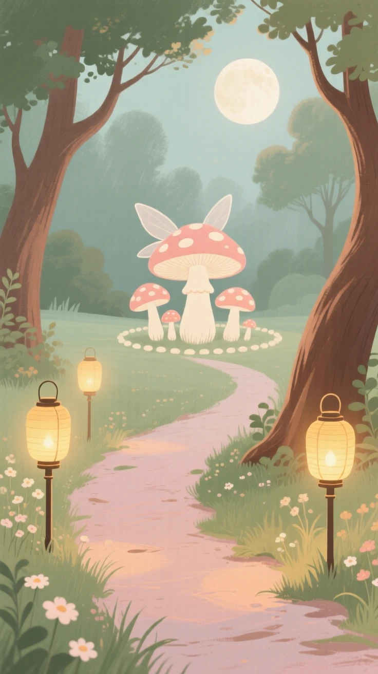 A moonlit path lined with glowing lanterns leading to a fairy ring