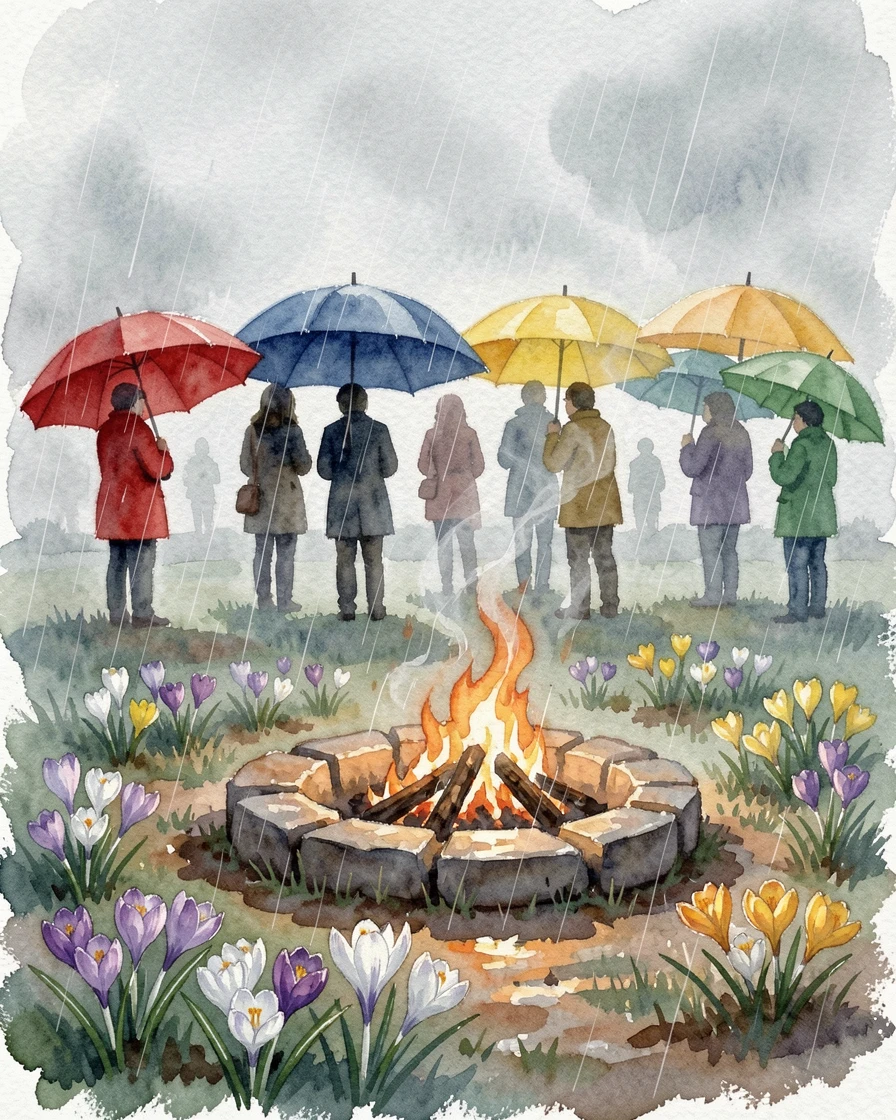 A rainy April day with colorful umbrellas and blooming crocuses with a crackling fire nearby.