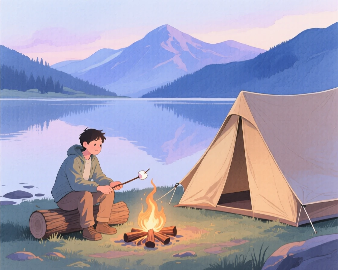A camper roasts marshmallows over a fire beside a tent pitched near a quiet mountain lake