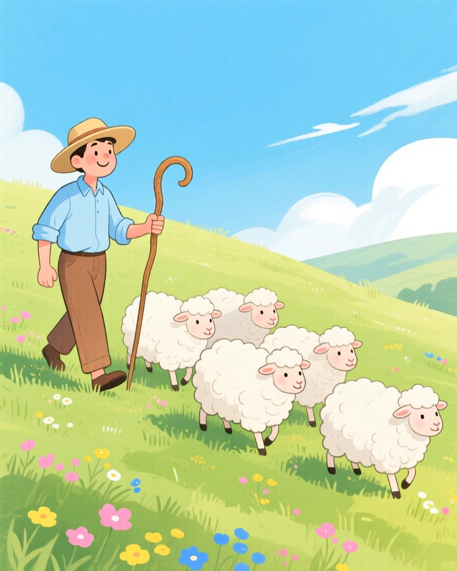 A charming scene of a shepherd guiding a flock of sheep across a hillside.