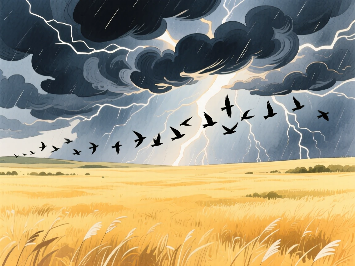 A dramatic thunderstorm rolling over golden prairie grass, with a flock of birds silhouetted against the sky, radiating natural splendor and tranquility.