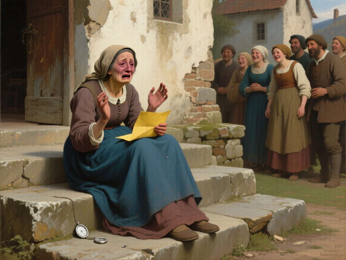 A widow receiving news of her husband's safe return in the raw, unguarded instant emotion breaks through, set on the worn steps of a village church, with trembling hands, tear-streaked faces, and a single dropped object forgotten on the ground; the surrounding onlookers form a soft frame around the emotional core, radiating hope restored after long hardship.