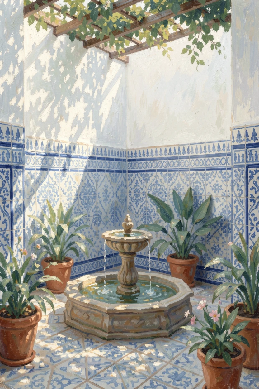 A quiet Andalusian courtyard with blue and white tiles surrounding a trickling fountain.