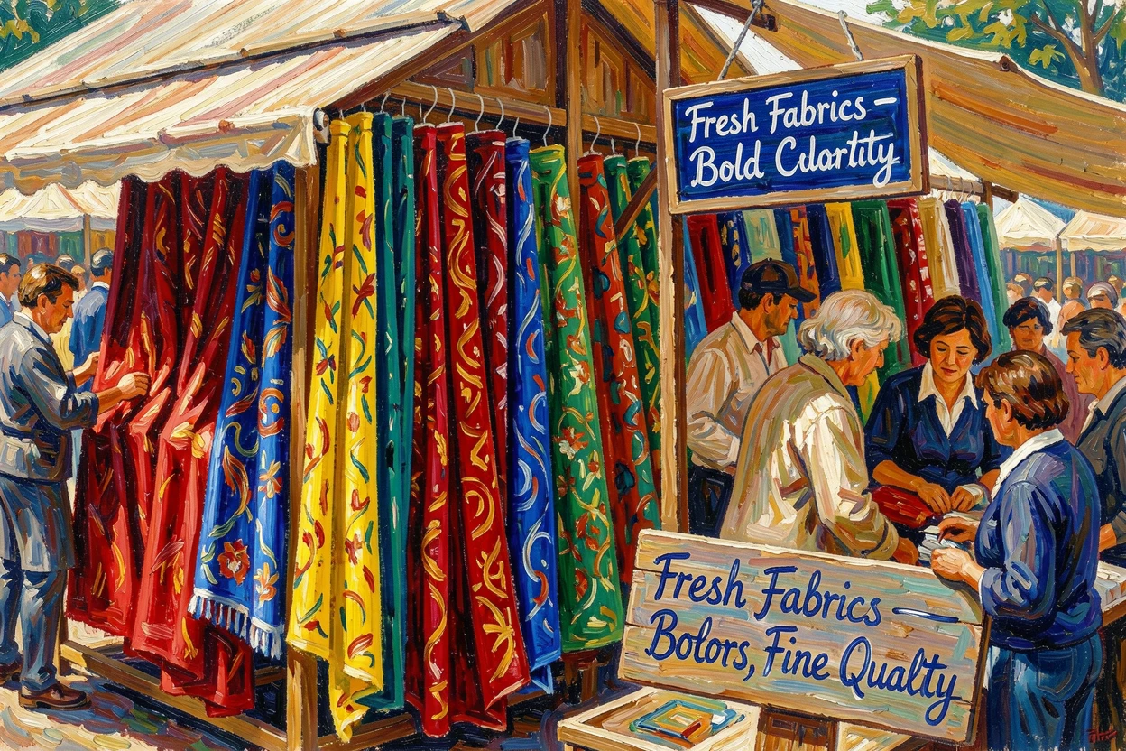 A crowded outdoor market with fabric merchants displaying bolts of colorful cloth.