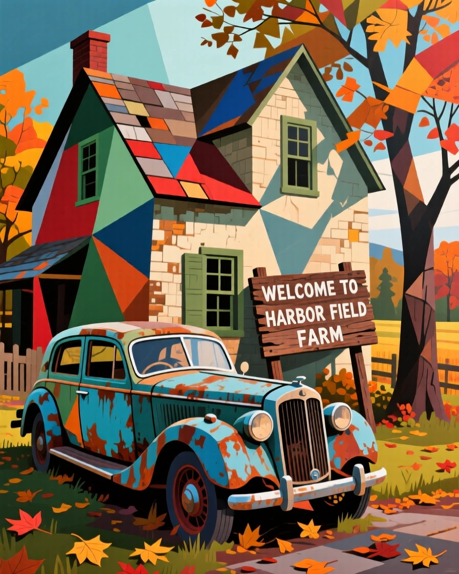 A restored vintage car parked beside a rustic countryside farmhouse in autumn.