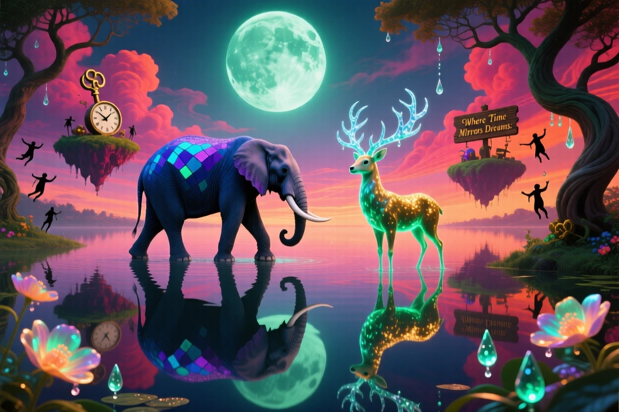 An elephant walking calmly across the surface of a still lake rests peacefully beneath the glow of a rising moon, as its reflection shows a slightly different creature entirely.