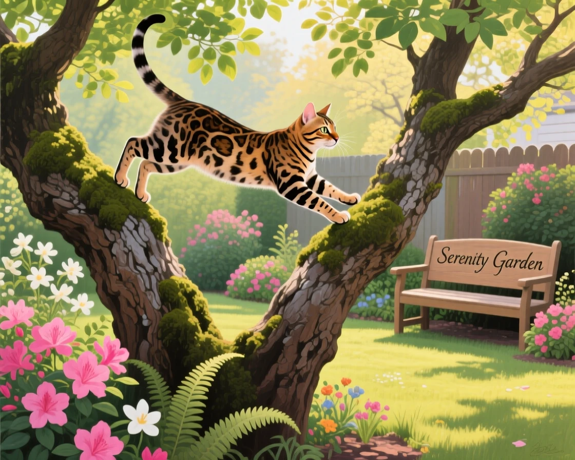 A sleek Bengal cat leaps gracefully between two tree branches in a lush backyard garden, its spotted coat catching dappled sunlight, the surrounding habitat rendered in enough detail to suggest a specific time and place.