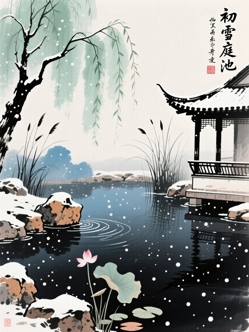 The stillness of a garden pond just before the first snow falls, carrying a mood of wistful nostalgia, under the first snow of winter.