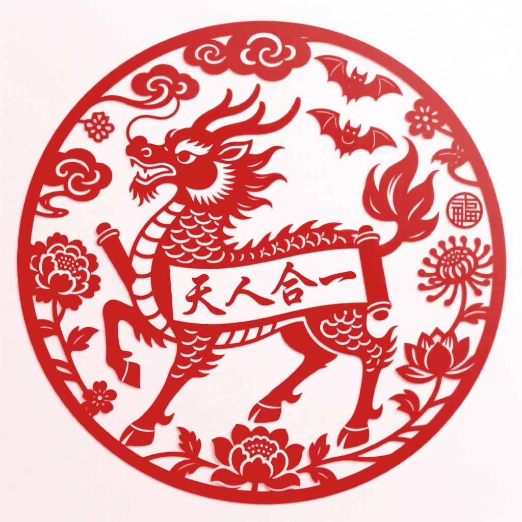 A qilin bearing a scroll, arranged within a circular medallion, representing harmony between heaven and earth.