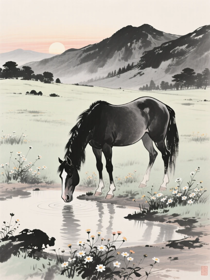 A horse gathered near a watering hole at dawn among wildflowers on a mountain meadow, framed low to the ground for an intimate, close perspective, suggesting calm alertness within a peaceful world.
