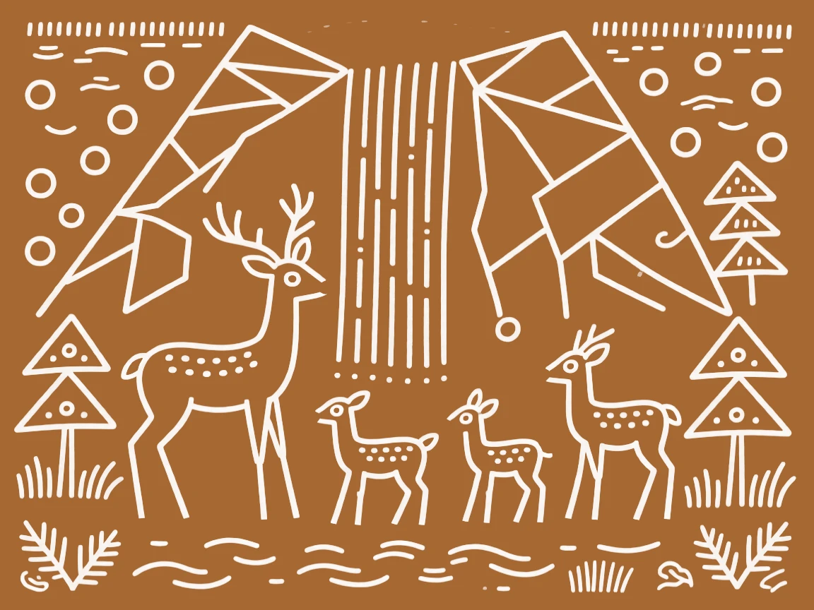 A family of deer gathered near a waterfall.