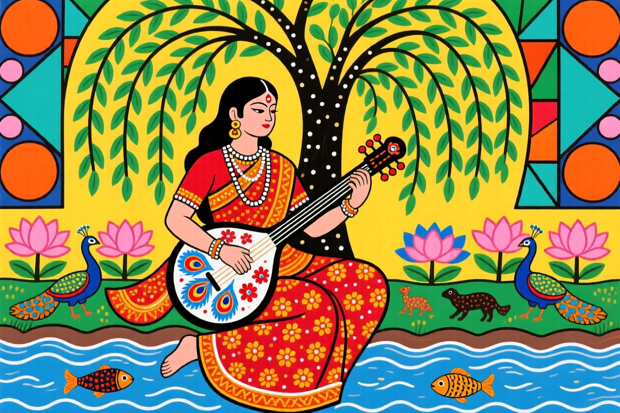 Saraswati seated by a riverbank playing her veena beneath a willow tree.