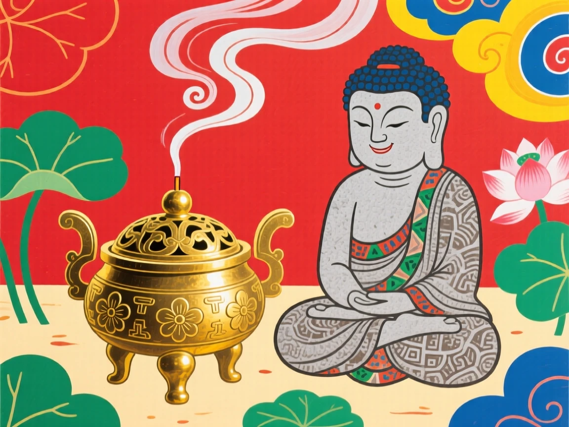 A brass incense burner releasing a thin trail of smoke beside a stone Buddha figure.