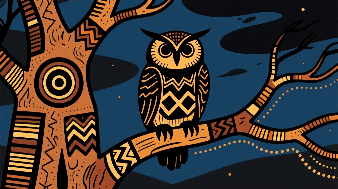 An owl perched silently on a baobab branch at night.