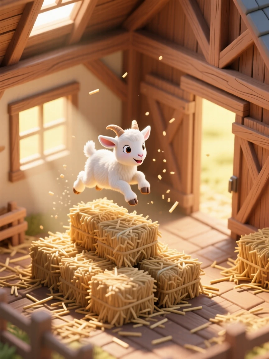 A fluffy baby goat leaping playfully across hay bales in a sunlit barn, dust motes floating in the golden light.