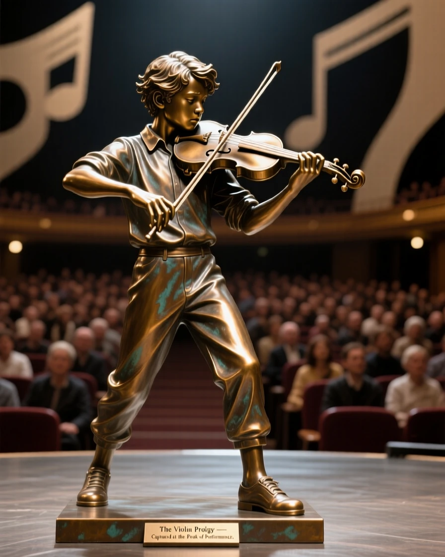 A violin prodigy performing to a packed hall, captured at the peak of a powerful movement, forming a strong central focal point