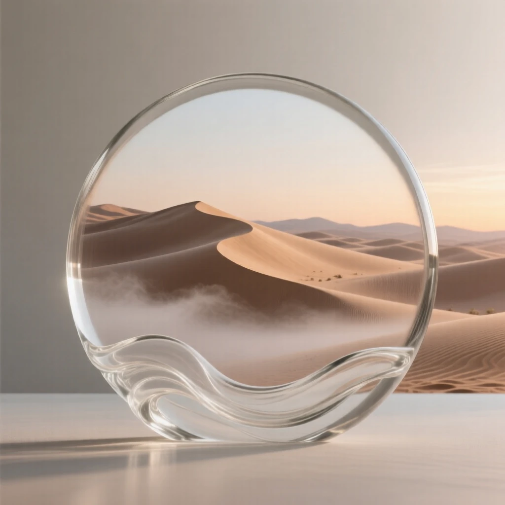 A desert landscape with wind-carved dunes at sunset at the quiet hush of early morning, gentle mist rising, composition inviting stillness and reflection.