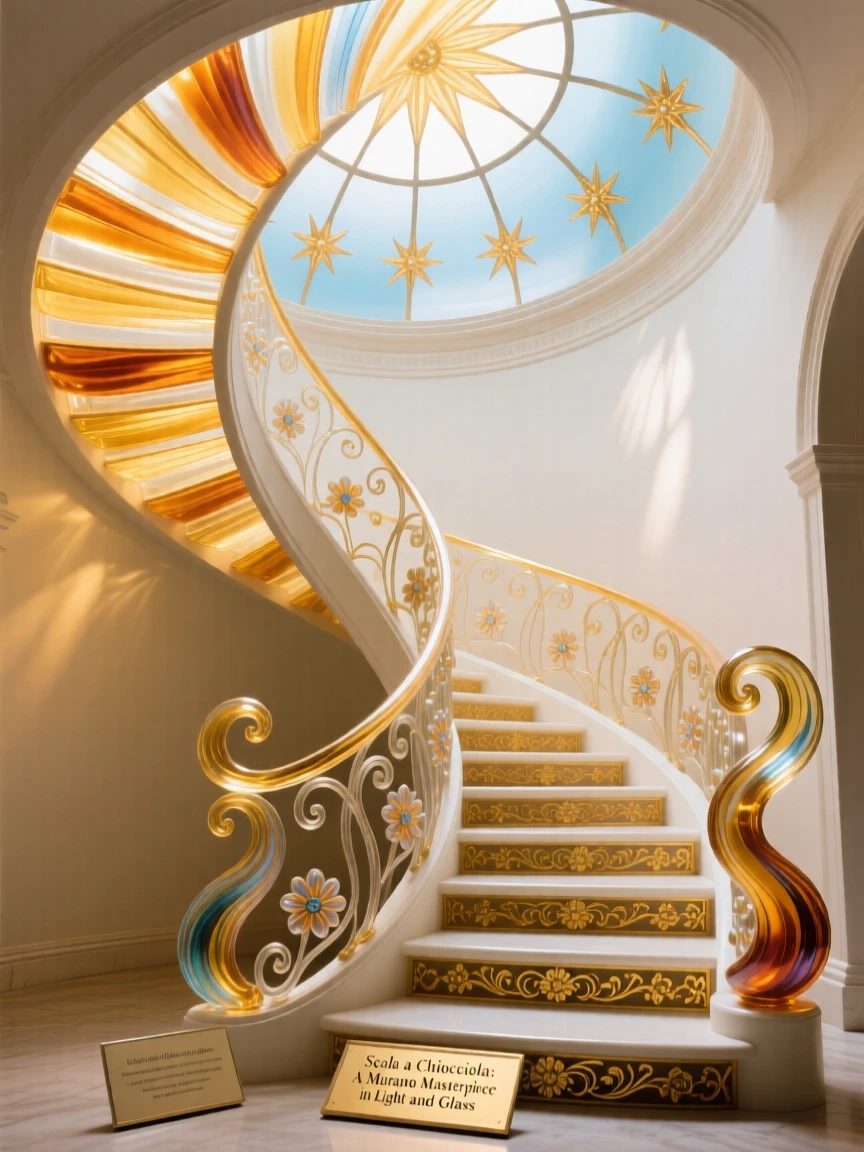 A grand spiral staircase bathed in golden light beneath a domed skylight, elegant and dramatic.