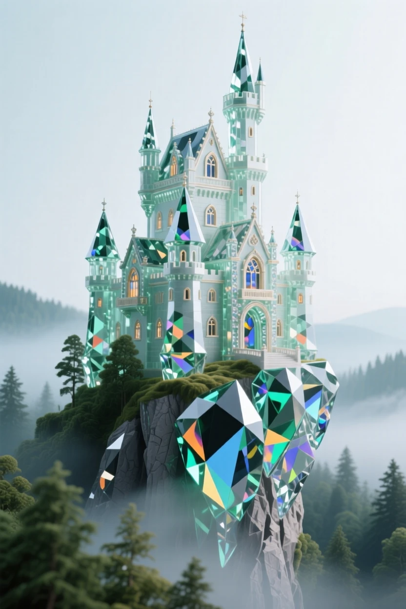 A fairytale castle perched on a cliff above a misty Bavarian forest.