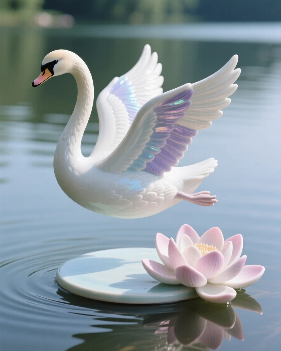 A swan gliding across a still lake frozen mid-hover beside a bloom, with iridescent feathers catching the light, conveying effortless elegance in motion.
