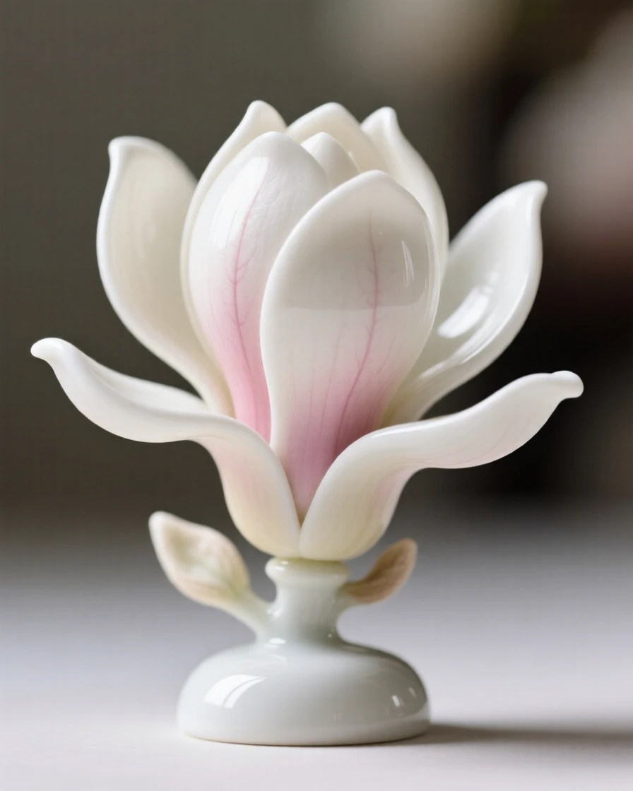 A single magnolia bloom caught mid-bloom against a soft blurred background, every petal rendered in exquisite detail.
