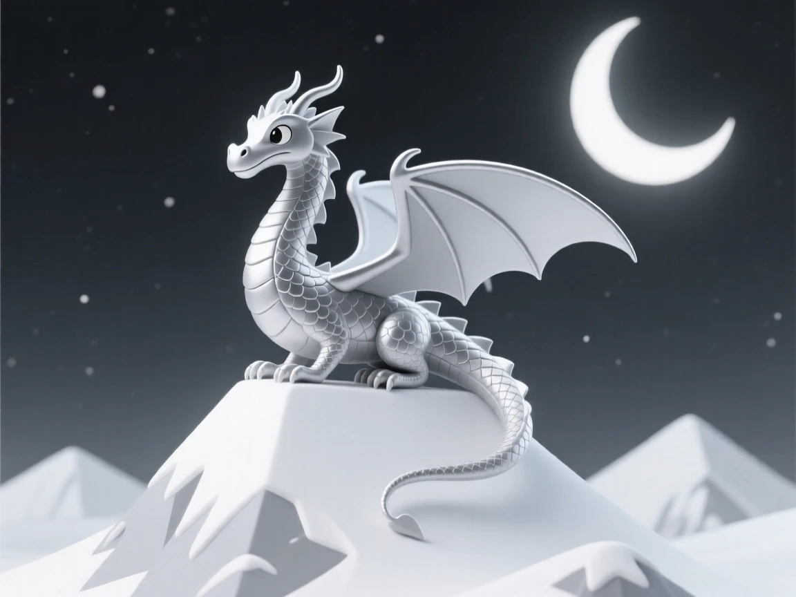 A regal silver dragon perches atop a snowy mountain, moonlight glinting off each individual scale.