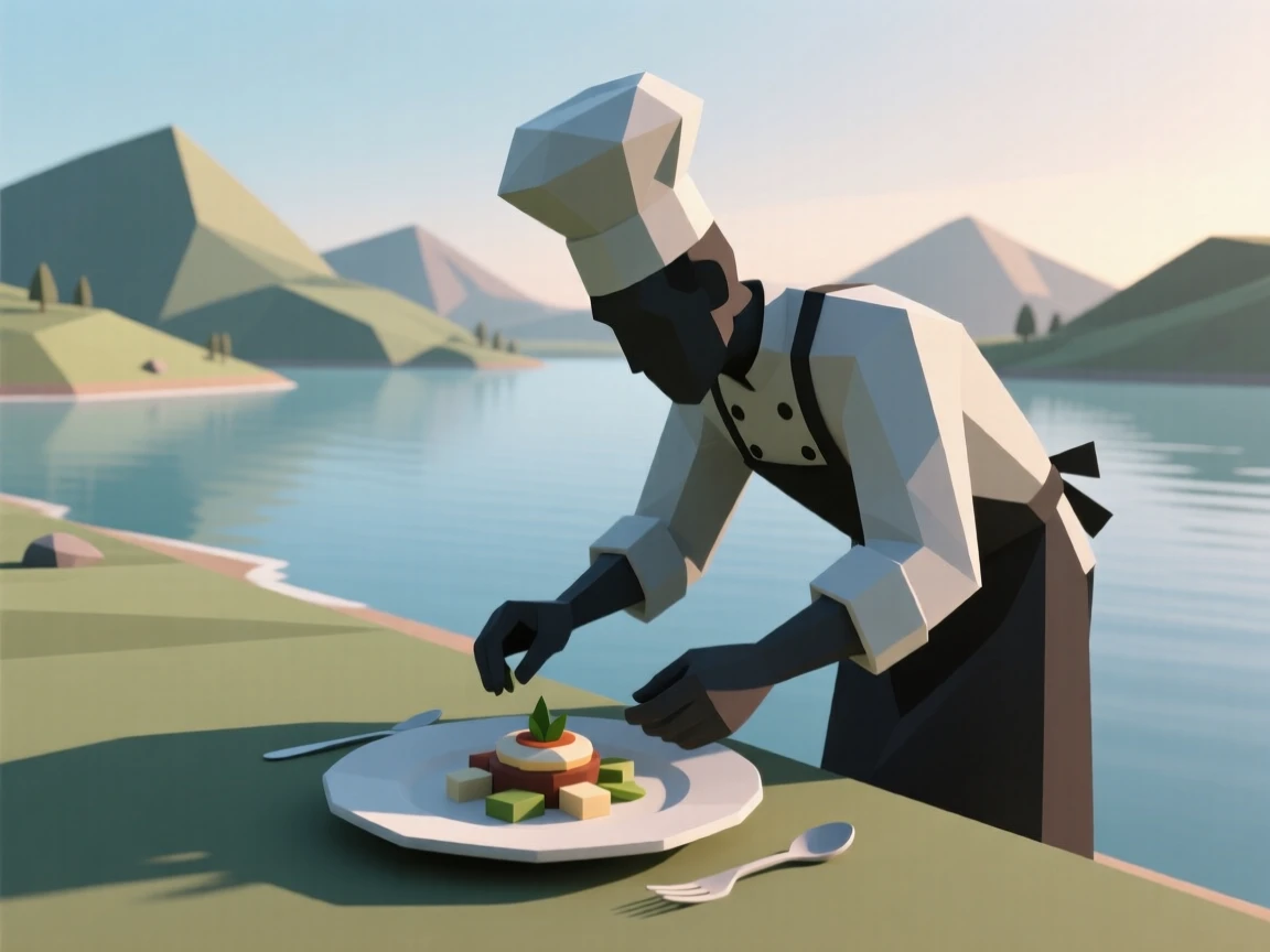 A chef carefully plating an elegant dish, beside a tranquil lake at dawn. natural light enhances the vibrant colors of the scene. The scene feels energetic and inspiring.