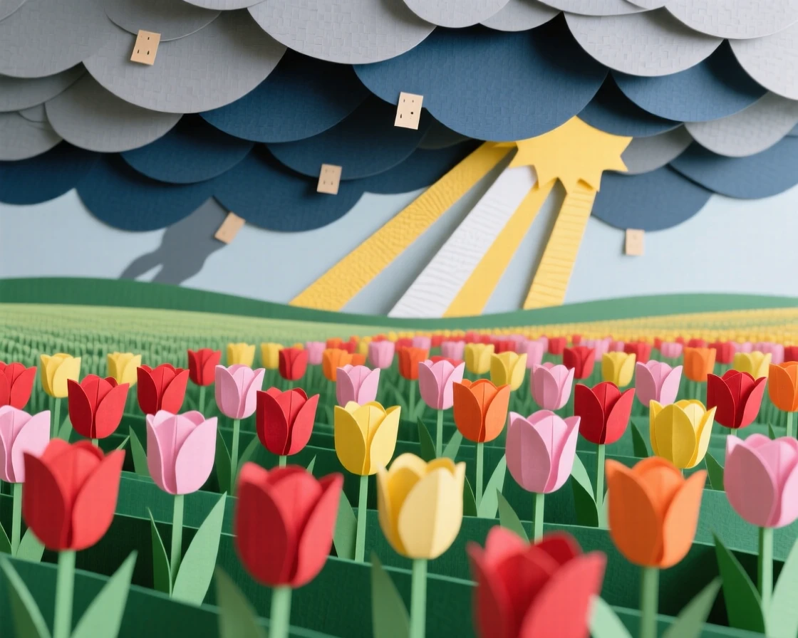 A field of tulips stretching to the horizon under dramatic rolling storm clouds, with warm sunbeams piercing through scattered clouds, evoking a sense of untouched wilderness.