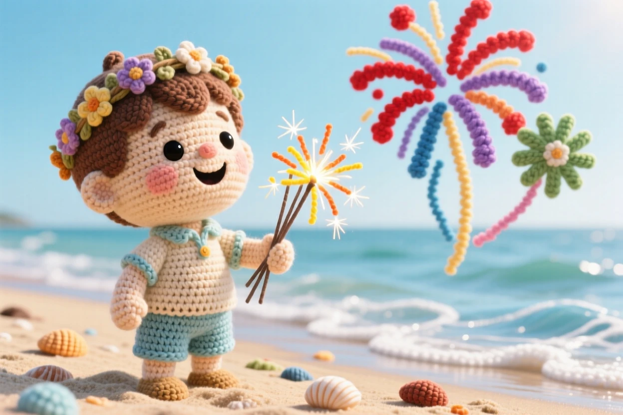 a small boy holding a bundle of fireworks sparklers, with a joyful grin, watching a colorful display light the sky, set in a sun-drenched summer beach at low tide, with a garland of dried flowers, full of nostalgic, storybook seasonal charm.