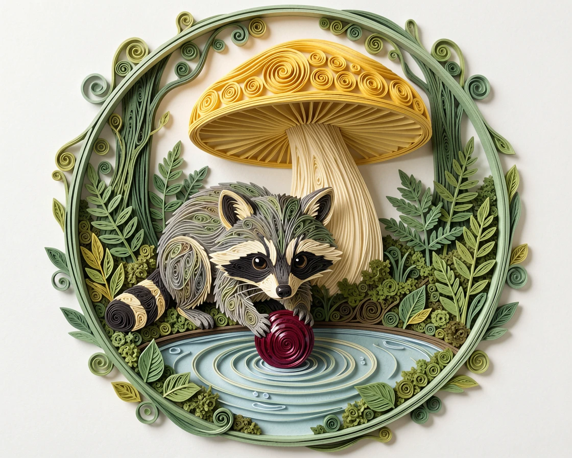 a baby raccoon washing a berry in a stream, beneath a giant mushroom in a mossy forest, framed in a close-up circular vignette, in a palette of buttery yellow and sage green.