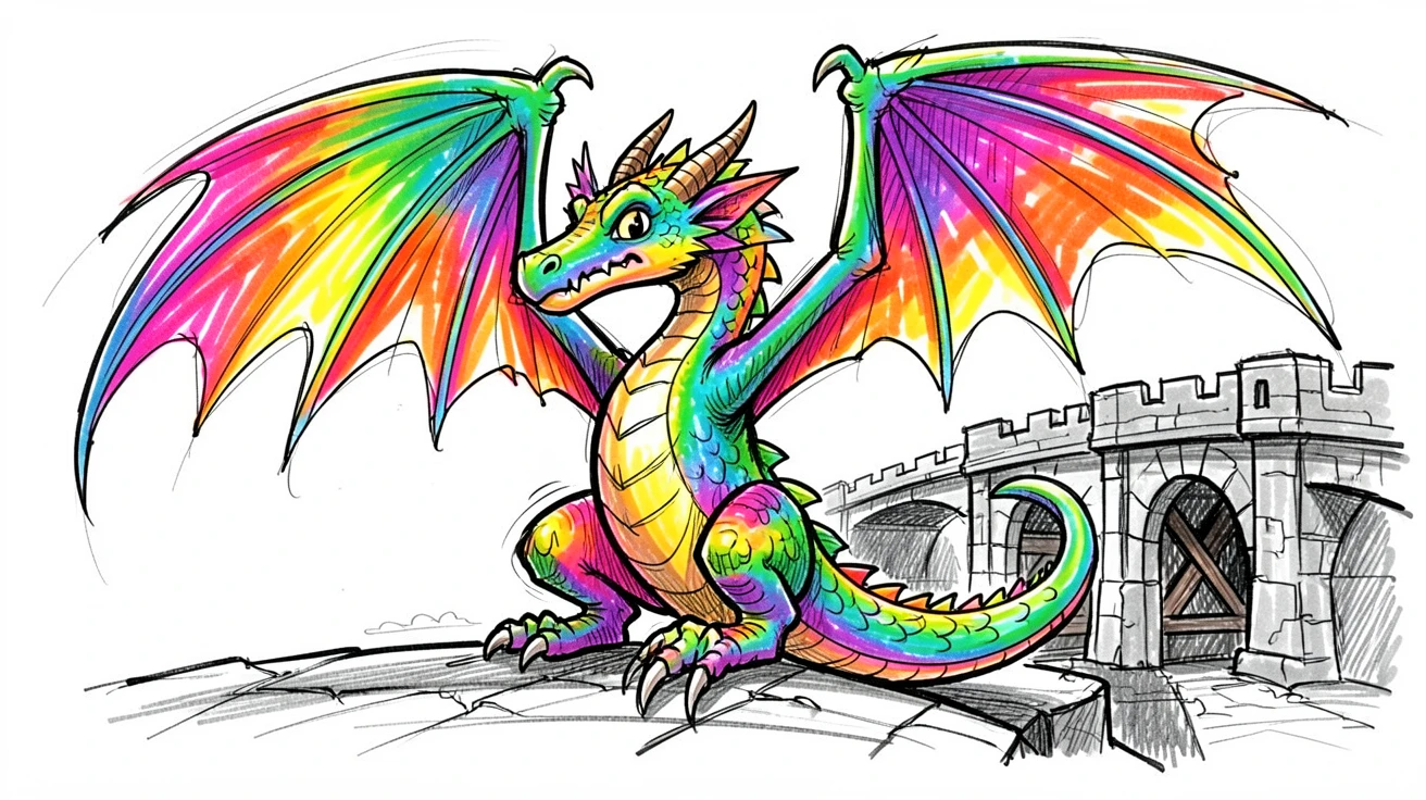 A dragon with rainbow-colored scales stretching its wings beside a drawbridge at dusk.
