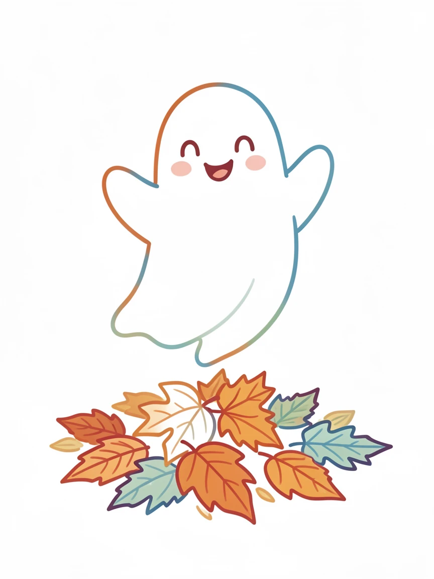 A plump little ghost character floating cheerfully above a pile of autumn leaves.