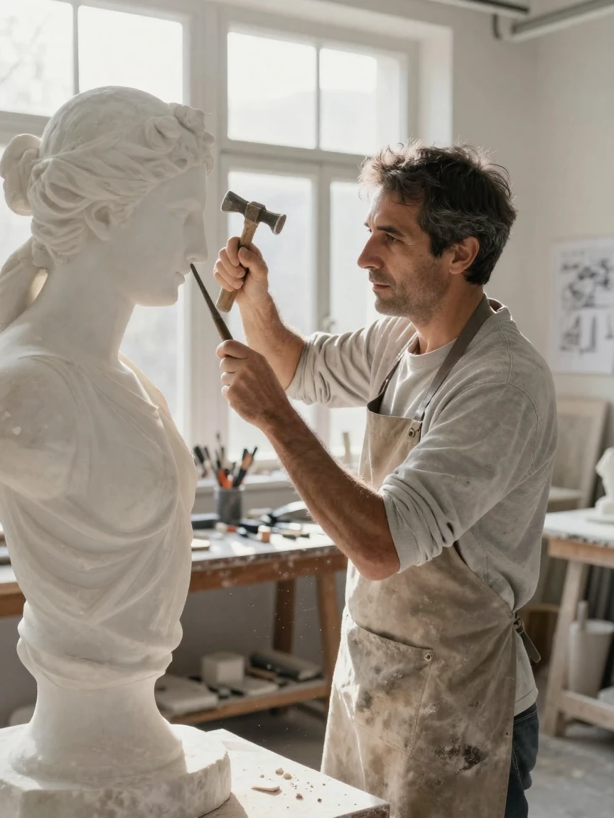 A sculptor chiseling detail into a marble statue
