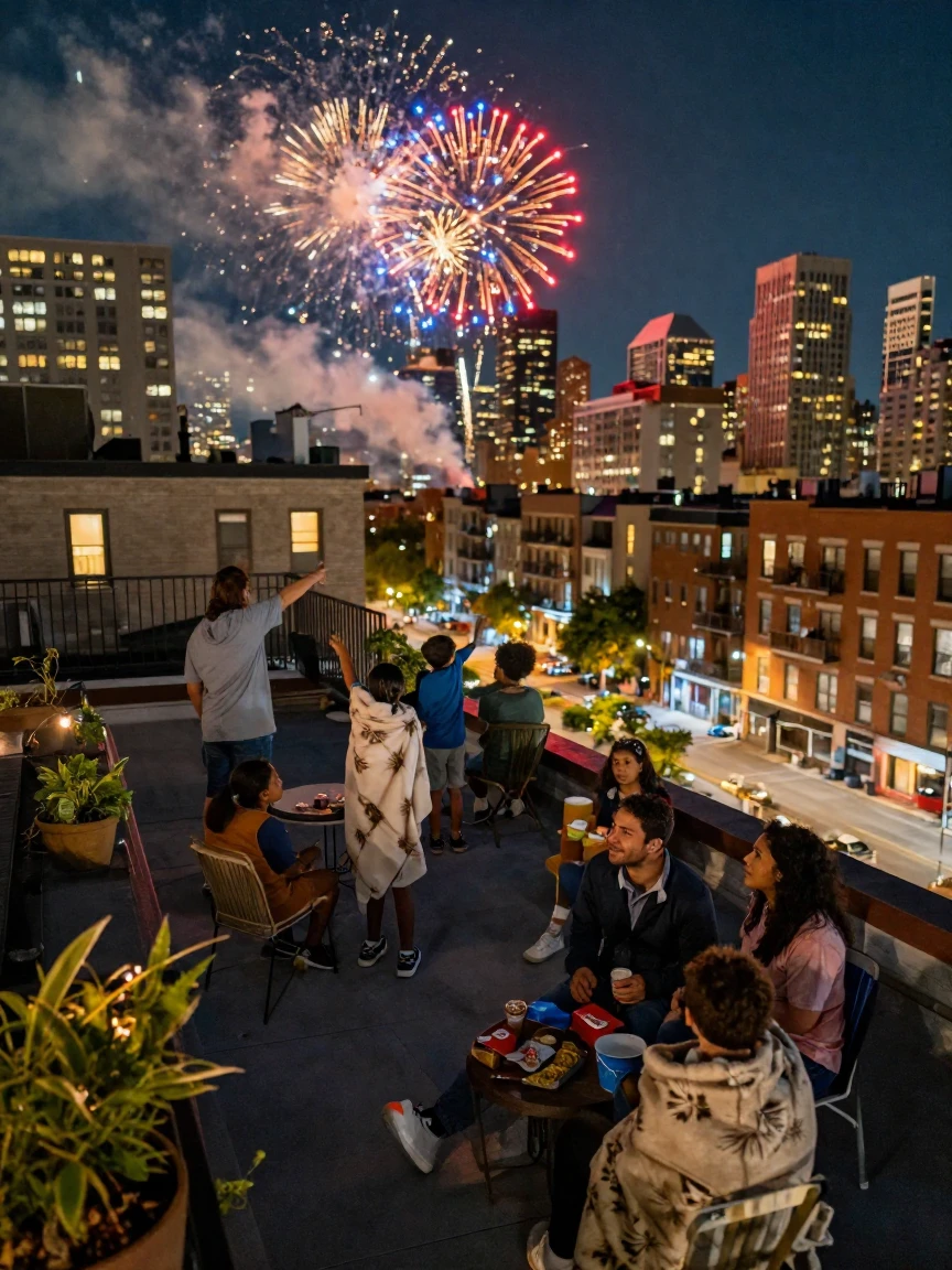 Families gather on rooftops to watch a citywide fireworks display over the skyline.