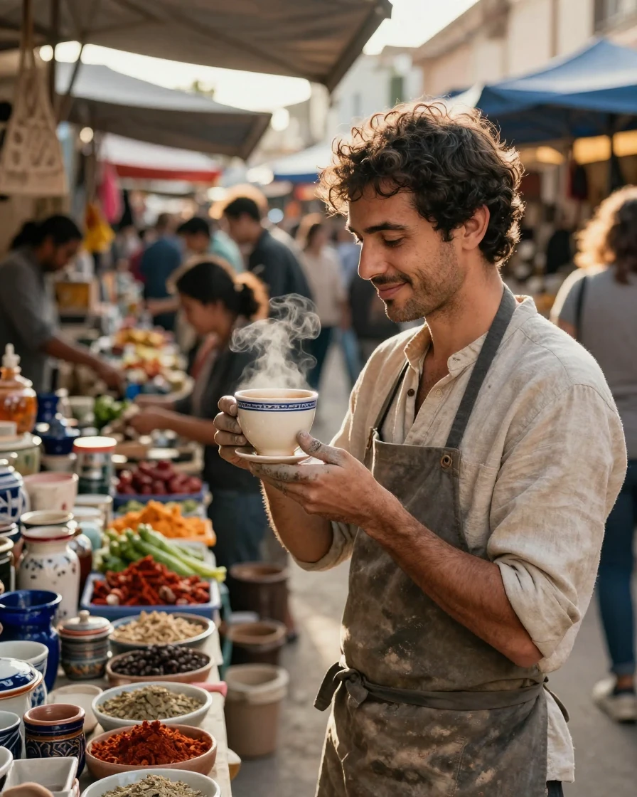 A newly married potter sharing a quiet cup of tea in a bustling open-air market, a gentle smile crossing their face