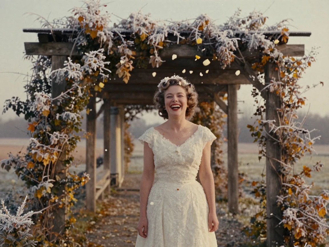 A bride laughing as she is showered with flower petals, under a pale winter sky, with frost coating every surface, in the mild days of early autumn, in warm honey and cream tones, framed symmetrically down a long corridor.