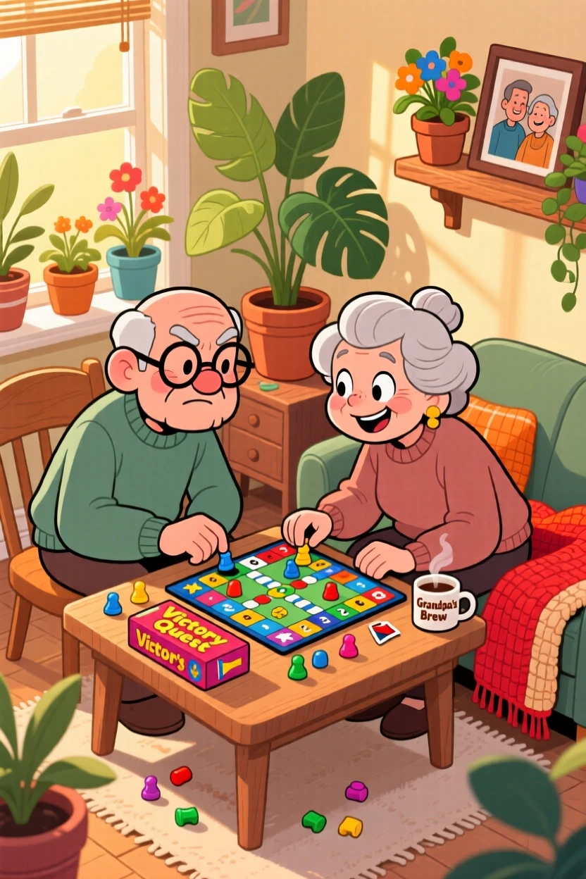 A heartwarming scene of an elderly couple playing a board game that has clearly gotten too competitive, surrounded by house plants and cozy blankets.