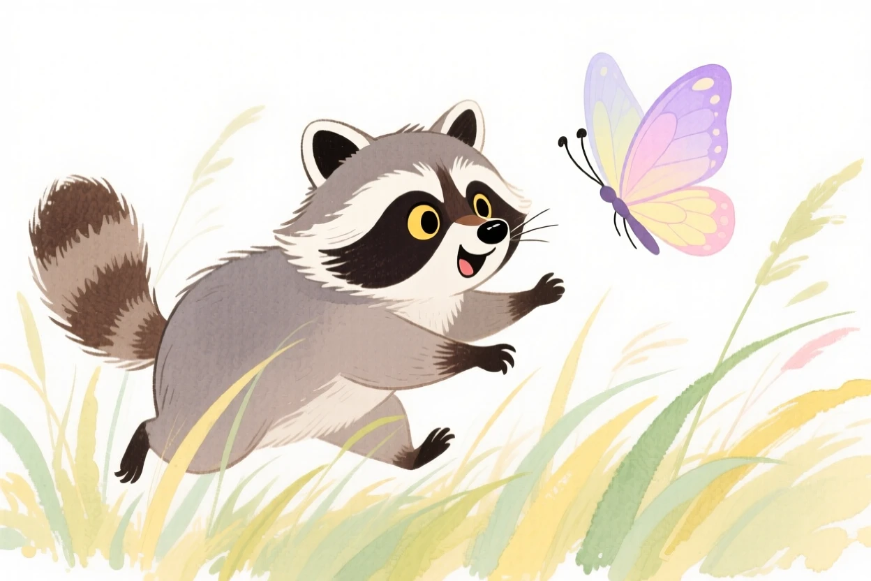 A raccoon chasing a butterfly through tall grass