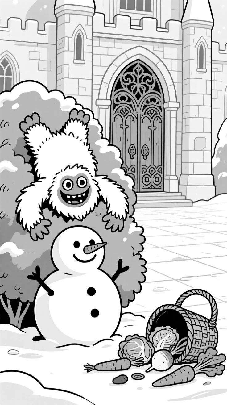 A cheerful yeti building a snowman twice its size, flapping helplessly while stuck upside down in a bush, set before towering castle gates. A basket lies overturned, vegetables scattered everywhere. The scene turns epic fantasy into pure charming comedy.