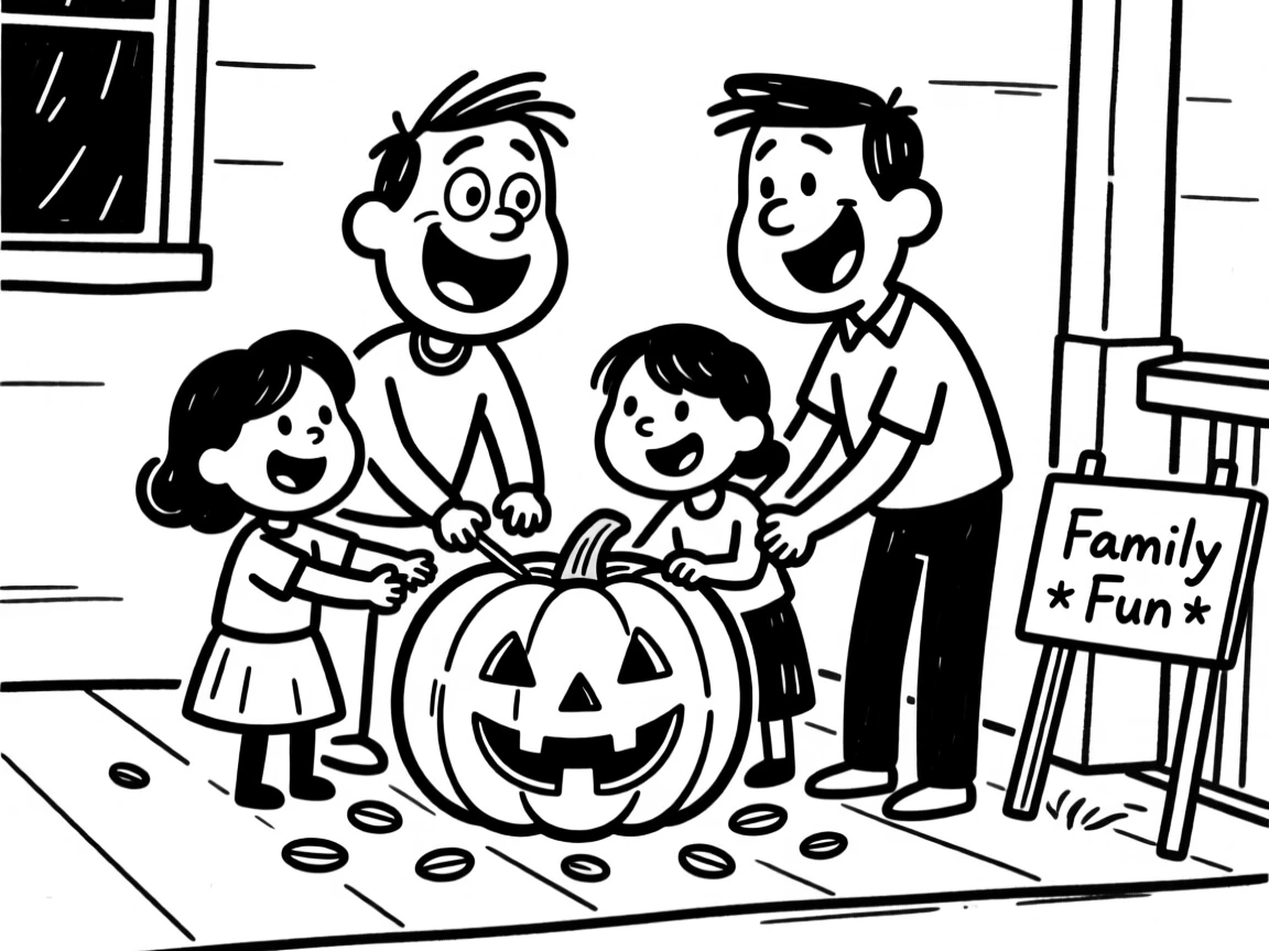 A family carving a jack-o'-lantern together on the porch, seeds scattered everywhere.