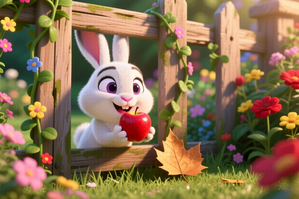 A snow-white bunny is peeking through a garden fence, nibbling on a piece of fruit. Playful joy radiates from the small creature, with a single fallen leaf beside it.
