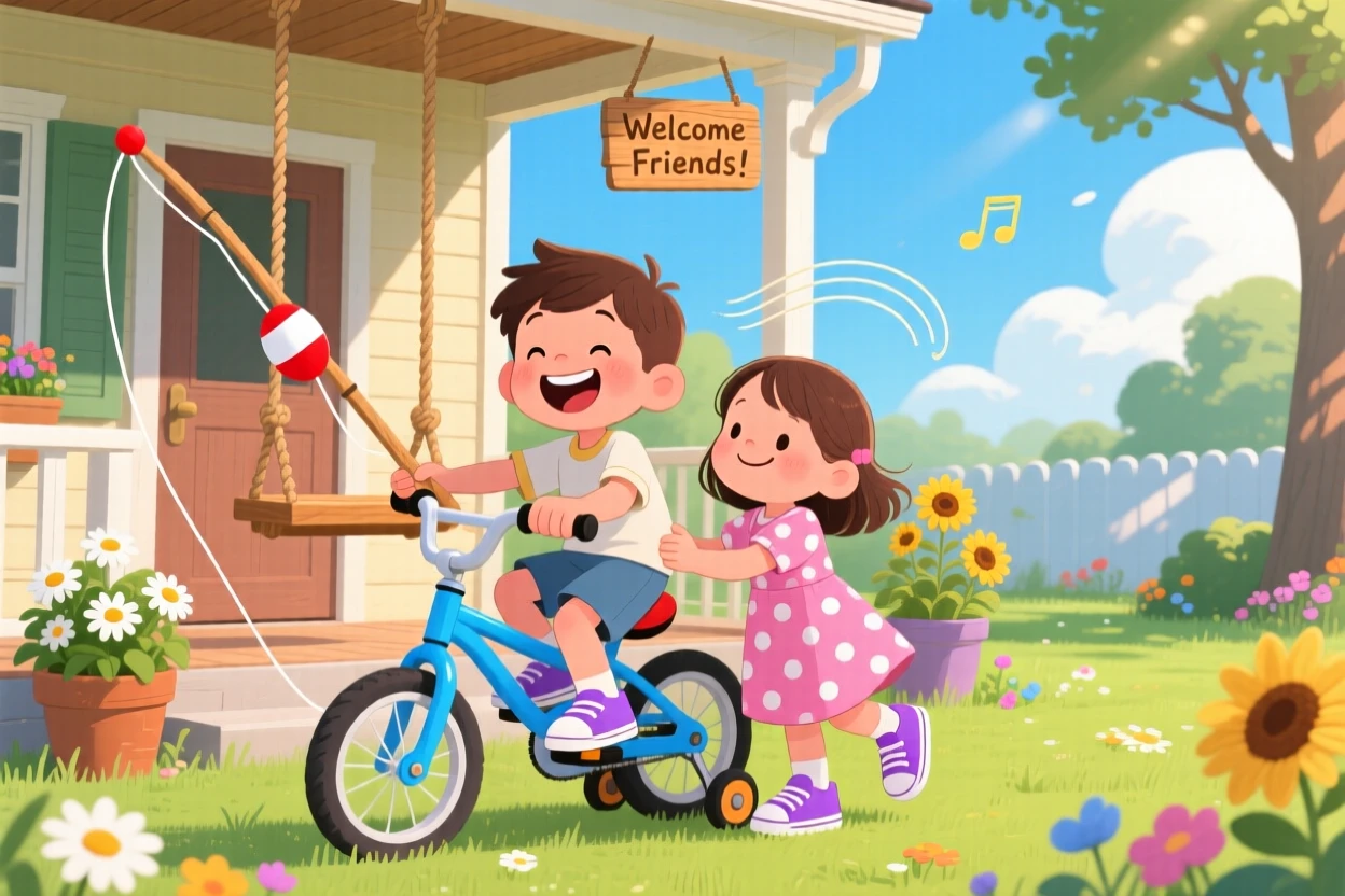 A boy with a fishing rod laughs while learning to ride a bicycle together with his little sister, while the porch swing creaks gently.