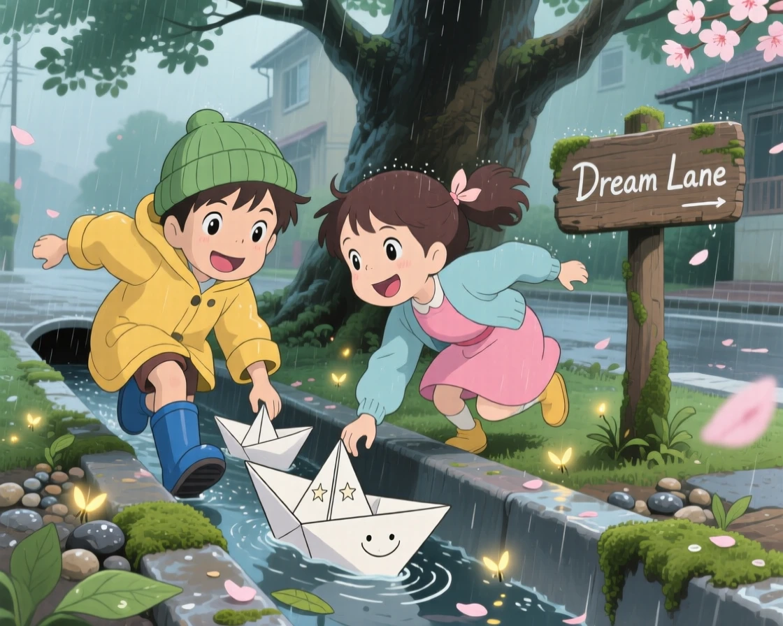 Children racing paper boats down a rain gutter, the moment carefree and joyful.