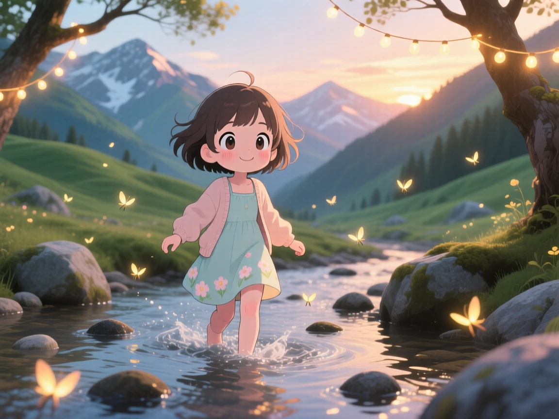 In a sunlit alpine valley, a young girl is wading through a shallow mountain stream as fireflies begin to glow at dusk, bathed in glowing string lights, expression full of brave confidence. Shot as a full-body shot.
