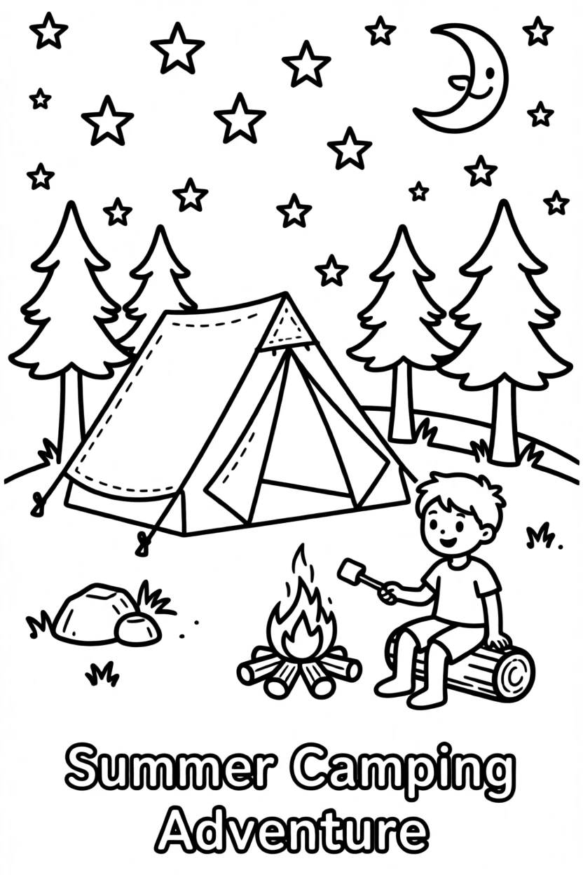 A summer camping trip with a tent and starry sky