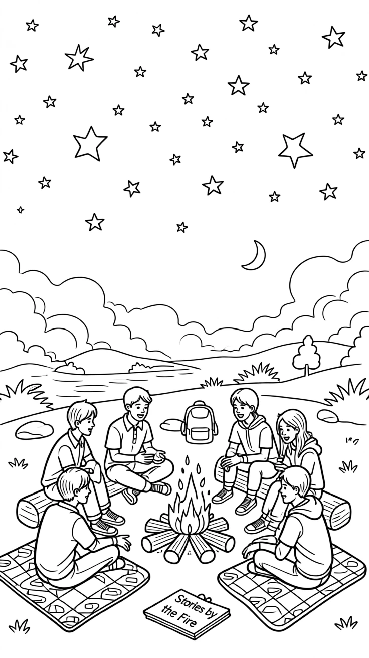 A campfire circle with friends telling stories under the stars, with mist rolling gently across the ground.