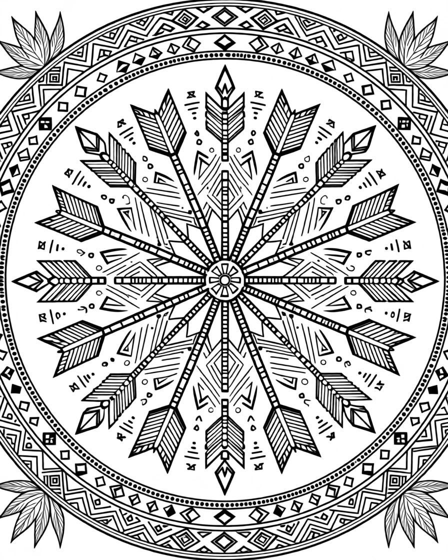A mandala composed of interlocking arrows in a Southwestern tribal style.