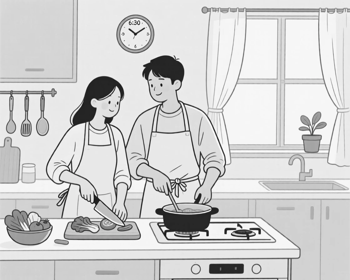 A couple cooking a meal together in a cozy kitchen