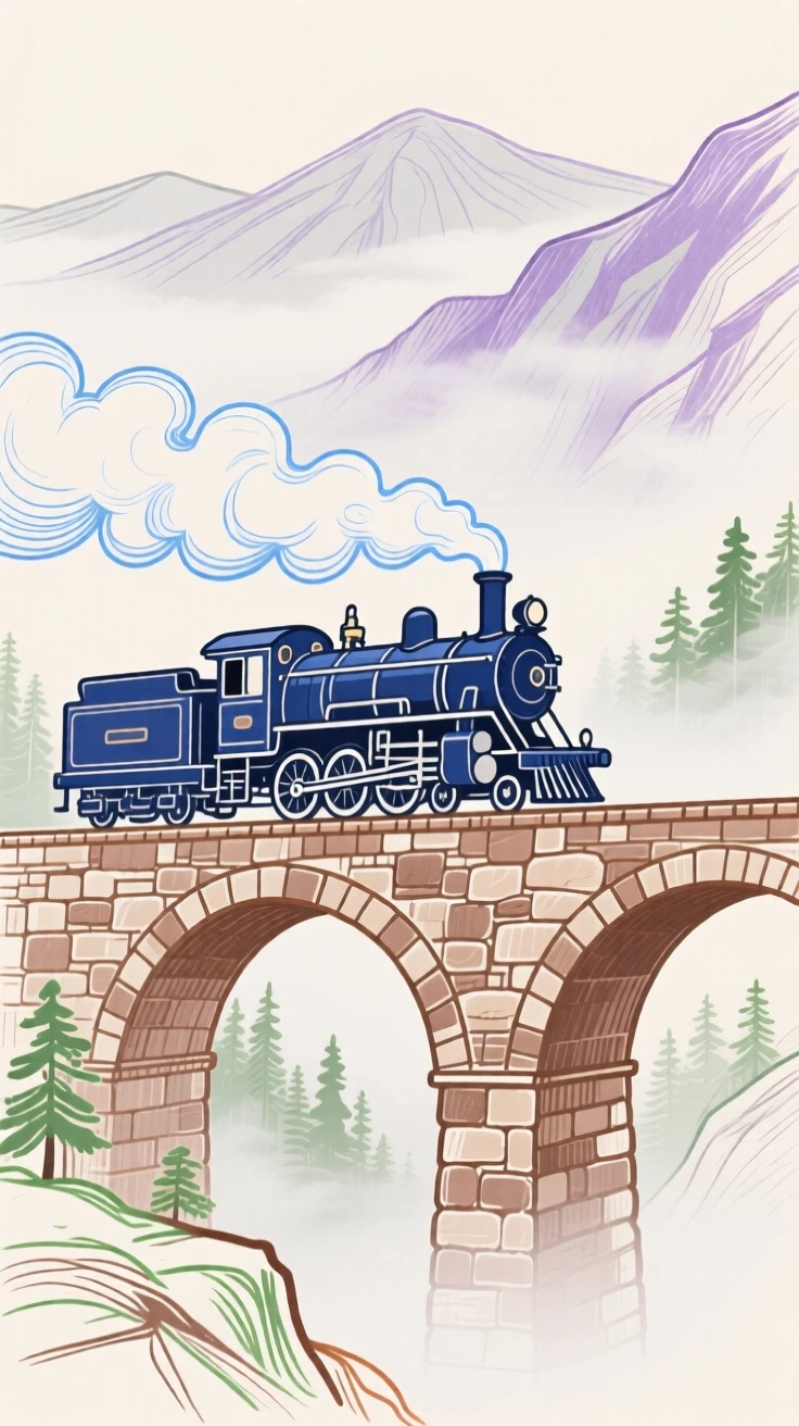 A steam train crossing a stone bridge through misty mountains.