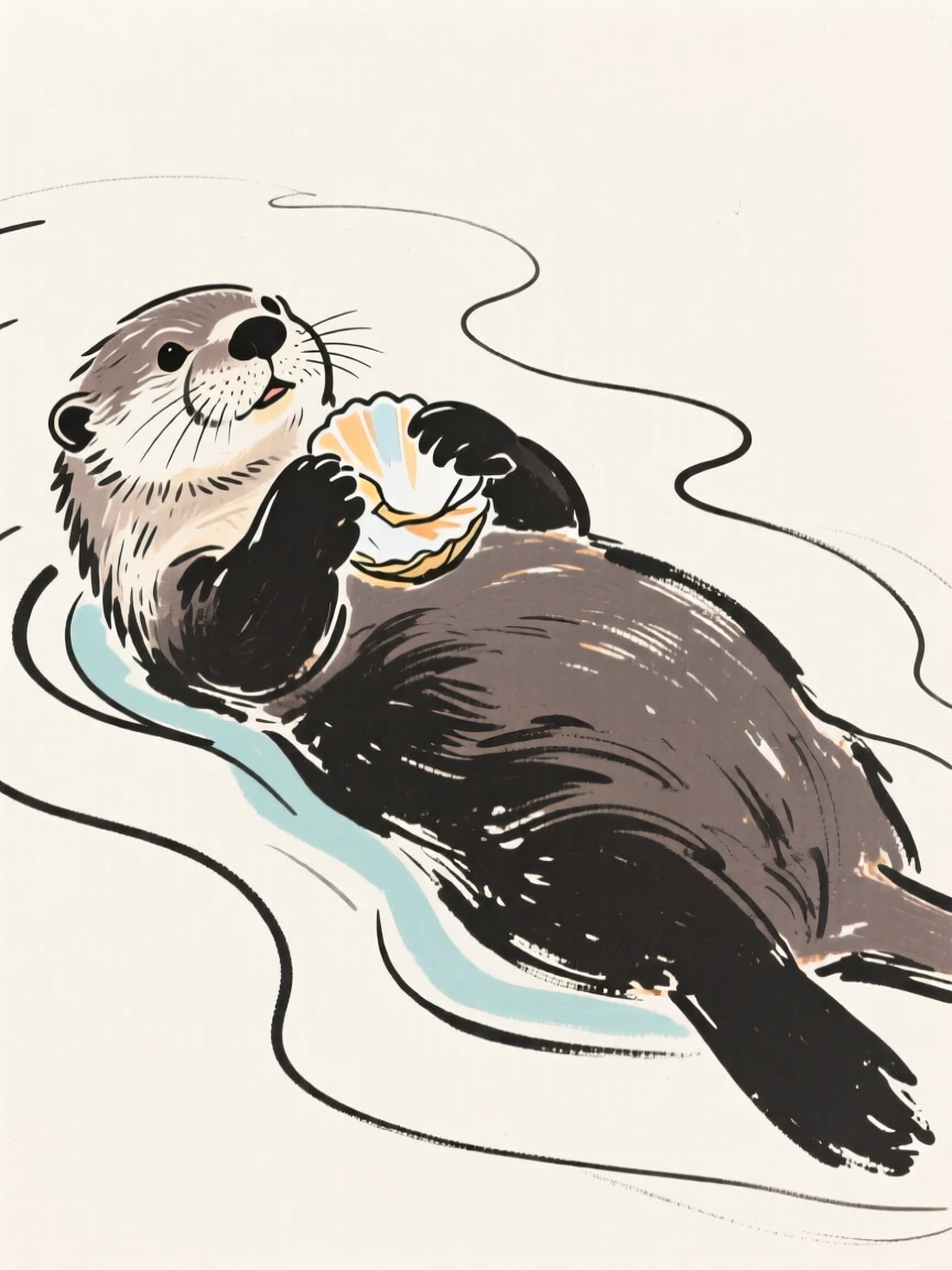 A sea otter floating on its back cracking open a shell.
